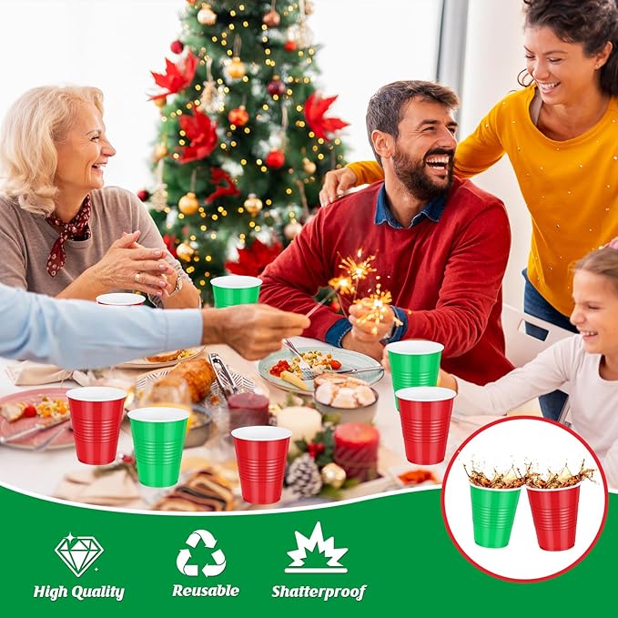 200 Pcs Red and Green Christmas Plastic Cups 12 oz, Bulk Green and Red Disposable Xmas Party Cups for Merry Christmas Holiday Wedding Birthday Theme Party Supplies Decorations