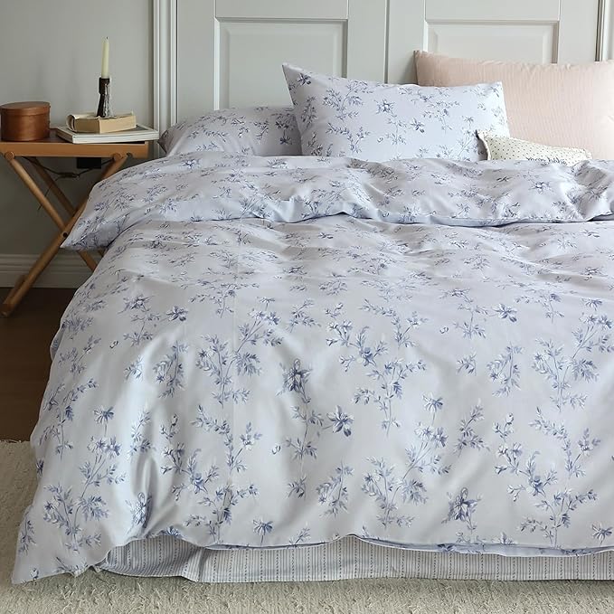HighBuy Boho Style Comforter Set Full Size Blue Floral Print Bedding Comforters Bohemian Bedding Sets 3 Piece for All Season Comfy Soft Full Bed Comforter with 2 Pillowcases