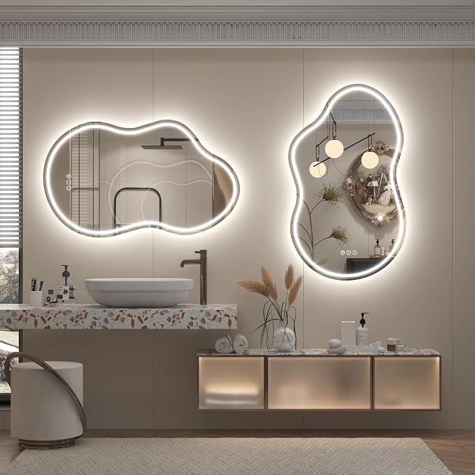 48x26 Inch Irregular LED Backlit Bathroom Mirror, Asymmetrical Cloud Led Lighted Vanity Mirror for Wall, Anit-Fog, Dimmable, Memory, 3 Colors, Shatterproof(Horizontal/Vertical)