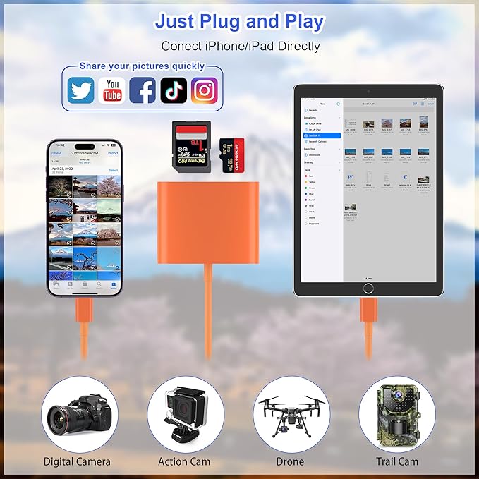 SD Card Reader for iPhone, Memory Card Reader with USB-C to Light-ning Adapter Plug and Play Trail Game Camera Micro SD Card Viewer Support SD/TF Card and USB for iPad No App Required (Orange)
