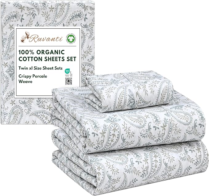 RUVANTI 100% Organic Cotton Sheets Twin XL, Percale Weave, GOTS Certified, 3-Piece Set, Deep Pocket 15", Crisp & Breathable, Soft Durable Bedding, Sábanas Algodón Orgánico – Ornate Oasis