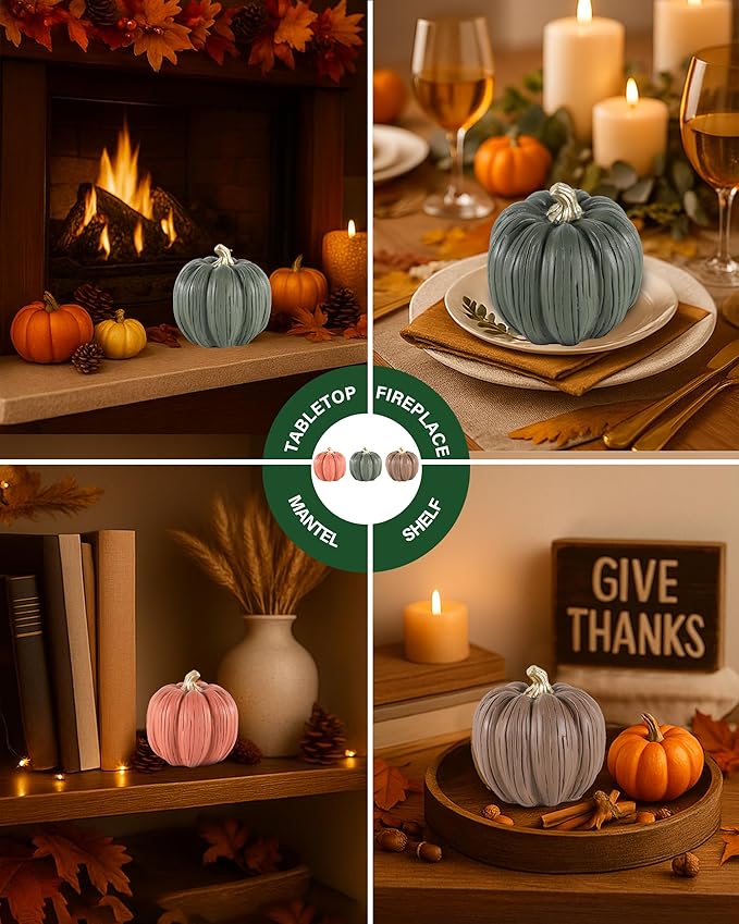 Set of 3 Mini Resin Pumpkins – Hand-Painted Fall Harvest Table Decorations in Brown, Orange & Green, 3.5” Autumn Décor for Thanksgiving Day Farmhouse Styling (Multicolor)