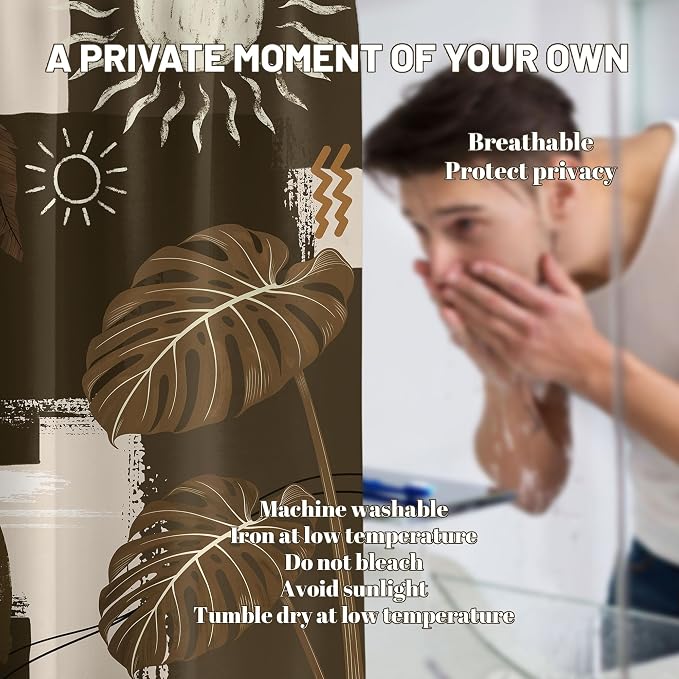 Dark Brown Mid Century Modern Shower Curtain Boho Abstract Khaki Earth Tone Shower Curtains for Bathroom Decor Sets, Waterproof Cloth Fabric with Hooks, 70 x 72 Inch
