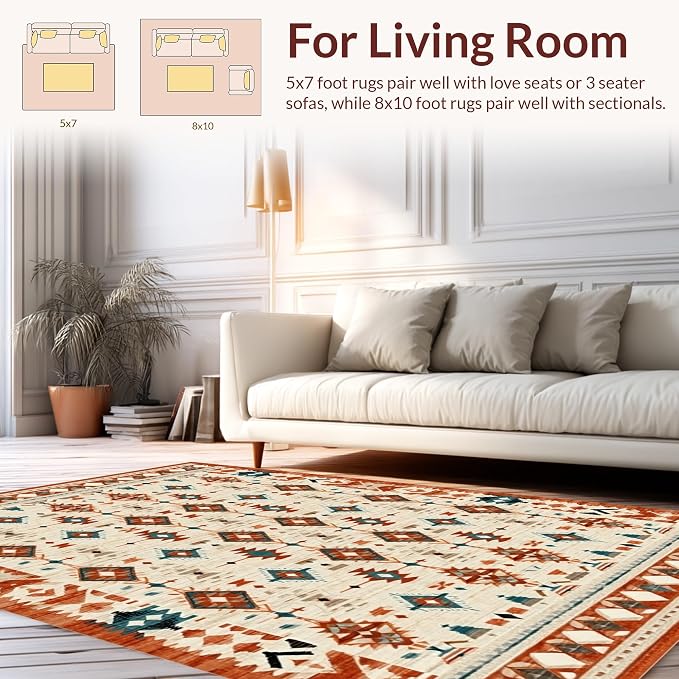 Flatwoven High Traffic Area Rug 5x7, Southwestern Aztec with Detailing, Non Slip, Stain Resistant, Washable Area Rugs for Living Room, Bedroom (Beige, 5x7)