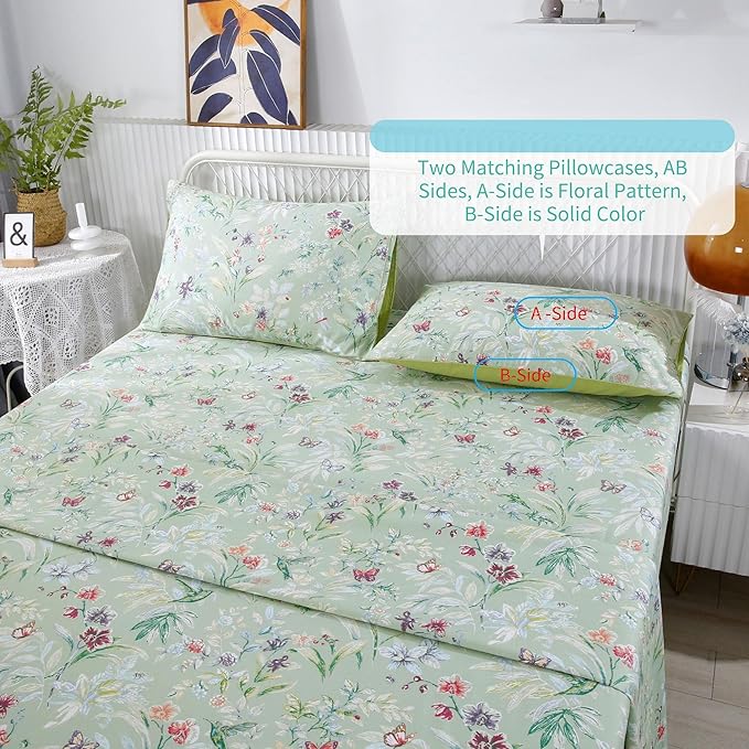 RYNGHIPY Shabby Flowers Print Bed Sheet Collections Egyptian Cotton Garden Floral Sheets (Green Floral,Full Size)