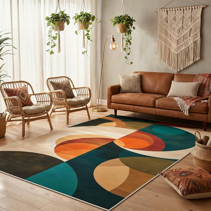 Mid Century Geometric Area Rug 5x6 – Retro Abstract Circle Pattern Rug for Living Room & Bedroom, Low Pile Washable Indoor Rug with Non-Slip Backing
