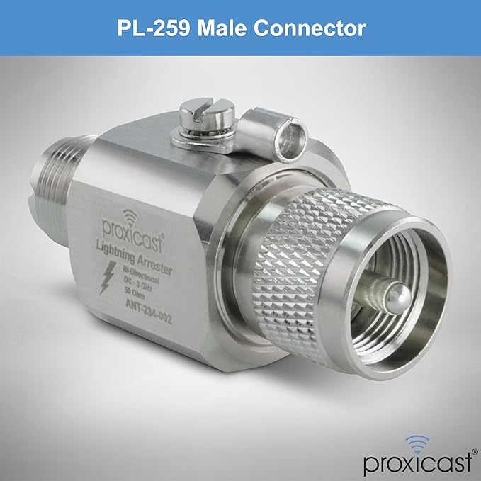 Proxicast Coaxial Lightning Arrester/Suppressor with PL-259 & SO-239 (M/F) Connectors - Pro-Grade Coax Cable Surge Protector for HF, VHF, UHF, CB, Ham, Two-Way Radio and Other Antennas (ANT-234-002)