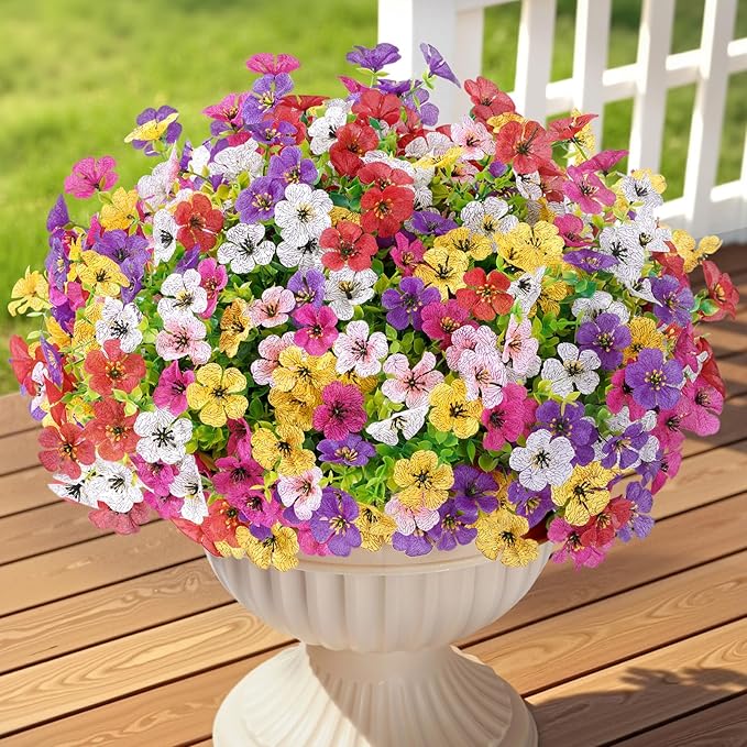 Lifewit Artificial Flowers for Outdoor Indoor, 12 Bundles Plastic Fake Flowers Daisy with Eucalyptus Leaves for Home Garden Decor, Porch, Window Box(Mix for Fuchsia Purple White Pink Yellow Red)