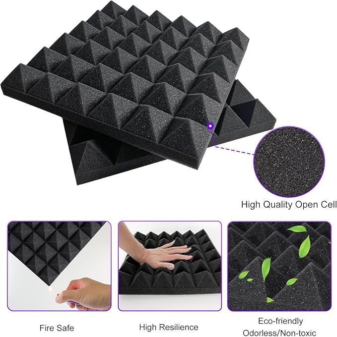 TroyStudio Thick Acoustic Foam Panels, 12 X 12 X 2 Inches 12 Pcs Pyramid Sound Absorbing Foam, Dense Soundproof Padding Tile, Recording Studio Foams Absorber, Decorative 3D Wall Ceiling Panel