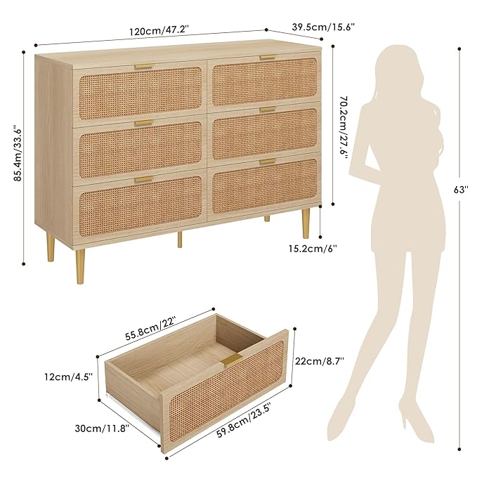 Garvee Rattan Dresser with 6 Drawers, Tall Modern Closet with Deep Storage, Large Chest of Drawers with Wide Top, Long Wooden Dresser for Bedroom, Living Room, Hallway, Kids Room, Natural