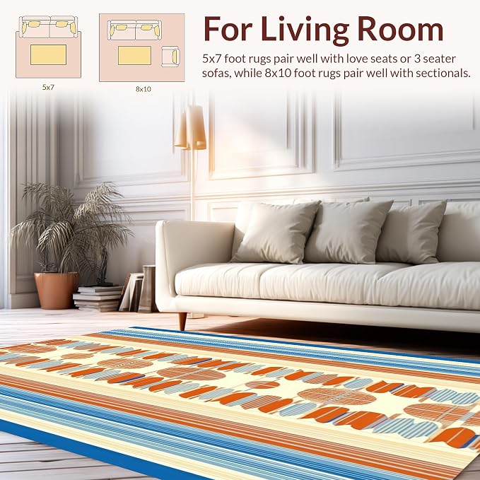 Flatwoven High Traffic Area Rug 5x7, Geometric Sky & Terracotta Art Deco Style, Non Slip, Stain Resistant, Washable Area Rugs for Living Room, Bedroom (Blue, 5x7)