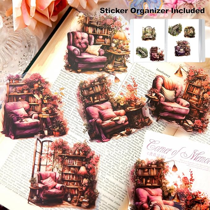 MiyouLuna 60Pcs PET Scrapbook Stickers, Vintage Aesthetic Designs for Scrapbooking Waterproof Journaling Supplies Junk Journal Ephemera with Storage Organizer