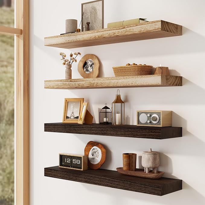 Solid Wood Floating Shelves for Wall 24"W x 8"D x 1.56"H Set of 2, Deep Wall Shelves for Living Room Bedroom Bathroom Kitchen Decor Storage with Invisible Heavy-Duty Metal Bracket, Carbonized Black