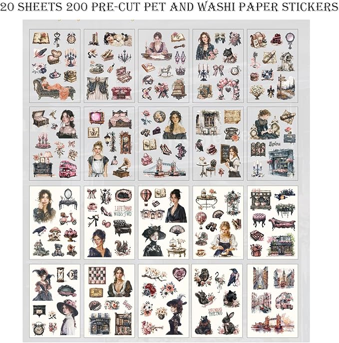 Auguro Scrapbooking Stickers 20 Sheets Pre-Cut 200 washi Stickers PET People Sticker Books for journaling Scrapbook Supplies Transparent Journal Sticker
