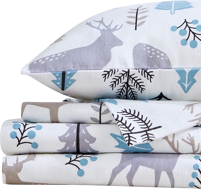 Market & Place 100% Turkish Cotton Flannel Sheet Set | 4 Piece Deep Pocket Novelty Cozy Winter Bed Sheets | Double Brushed for Extra Softness & Comfort | Alpine Collection (Queen, Holiday Deer)