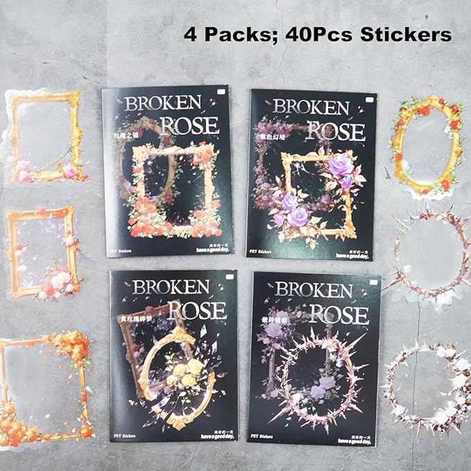 AuriicLeaf Broken Mirror Frame Stickers Set, 40PCS Gothic Rose PET Scrapbook Supplies for Journaling, DIY Crafts, and Planners