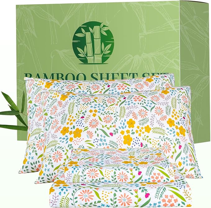 Bedlifes Extra Deep Pocket 18-24" King 4-Piece Sheet Set - Cooling Sheets Blend Rayon Derived from Bamboo Soft & Breathable,Featuring Floral