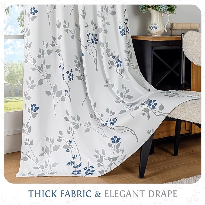 Beauoop Floral 100% Blackout Curtains 63 Inch Length 2 Panels for Bedroom Living Room Blue Grey and White Flower Patterned Room Darkening Thermal Soundproof Rod Pocket Back Tab Window Drapes, 52X63