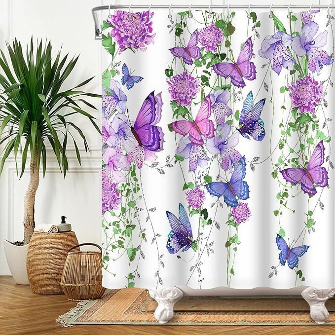 Violet Butterfly Floral Shower Curtain Spring Lavender Shower Curtain Lilac Pink Floral Bathroom Decor Waterproof Polyester Fabric with 12 Hooks,66x72 Inches