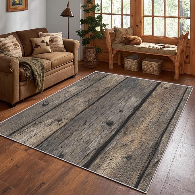 Wood Plank Farmhouse Area Rug, Rustic Vintage Texture Pattern Carpet, Washable Non Slip Low Pile Soft Thin, Living Room Bedroom Home Decor Mat 5x6ft