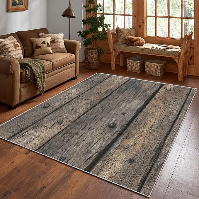 Wood Plank Farmhouse Area Rug, Rustic Vintage Texture Pattern Carpet, Washable Non Slip Low Pile Soft Thin, Living Room Bedroom Home Decor Mat 5x8ft