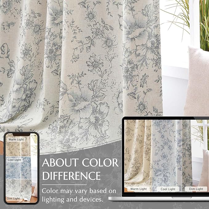 jinchan Blackout Linen Blend Curtain Gray Floral Blackout Curtains for Living Room 90 Inch Length Grey Printed with Lined Blackout Curtain for Bedroom Farmhouse Curtains Set 2 Panels