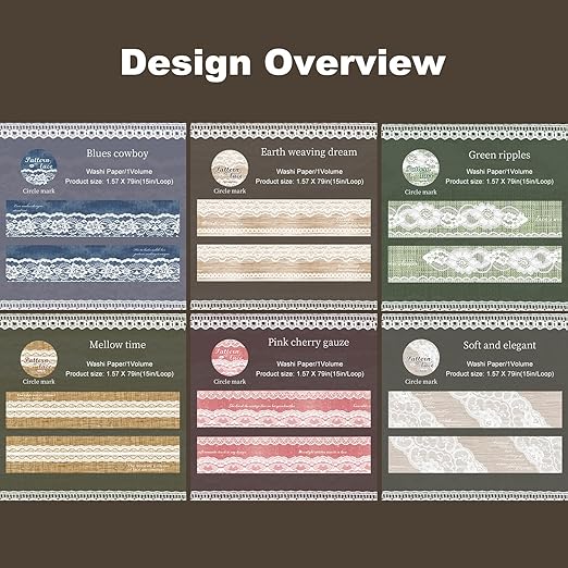 AuriicLeaf Lace Pattern Washi Tape Set, 6 Rolls Japanese Paper Decorative Stickers with 1 Clip, Lace Fabric for Scrapbooking, Journaling, Craft Supplies, 1.57in x 79in