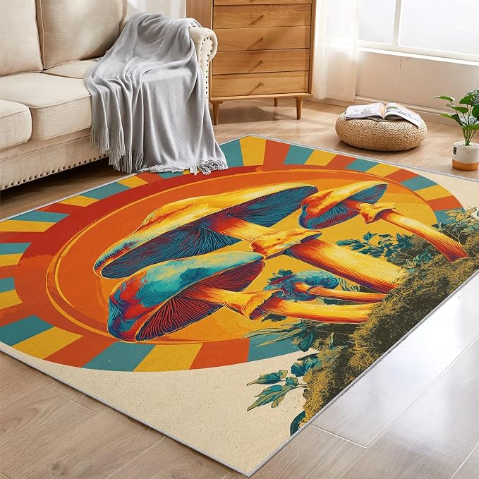 Mushroom Rugs for Home Decor, 7x9 ft, Mid Century Boho Sun Area Rugs for Living Room, Soft Non Slip Washable Retro Trippy Mushroom Carpet Bedroom Decorations Dt-Ghf-69