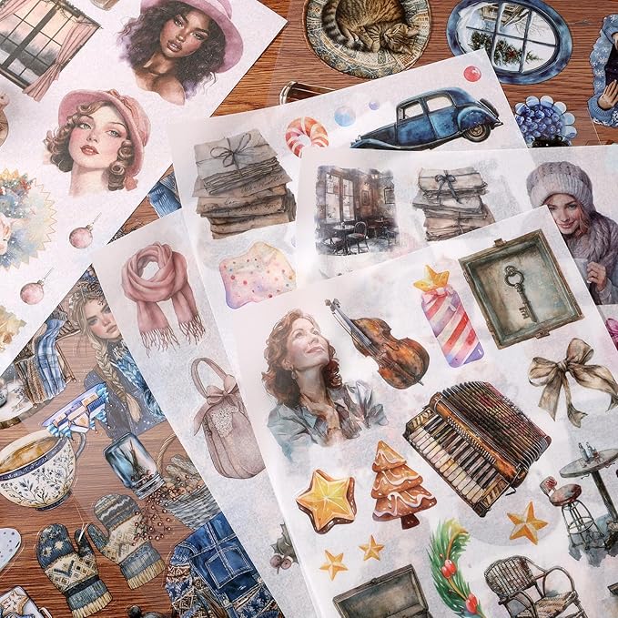 Auguro Winter Scrapbook Stickers 20 Sheets 240 Pre-Cut Washi Stickers for Journaling PET Transparent Book Sticker Decorative or DIY Paper Crafts, Arts and Crafting Projects