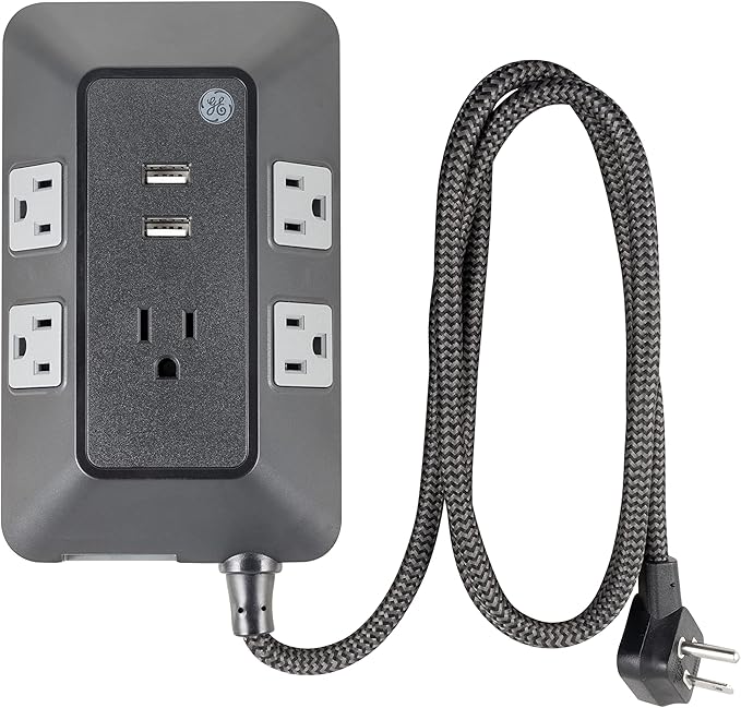 GE UltraPro Adapt 5-Outlet Surge Protector with USB Ports, 2 USB-A Ports, 2.4A, 3ft Braided Cord Power Strip Surge Protector, 560 Joules, Black, 73777