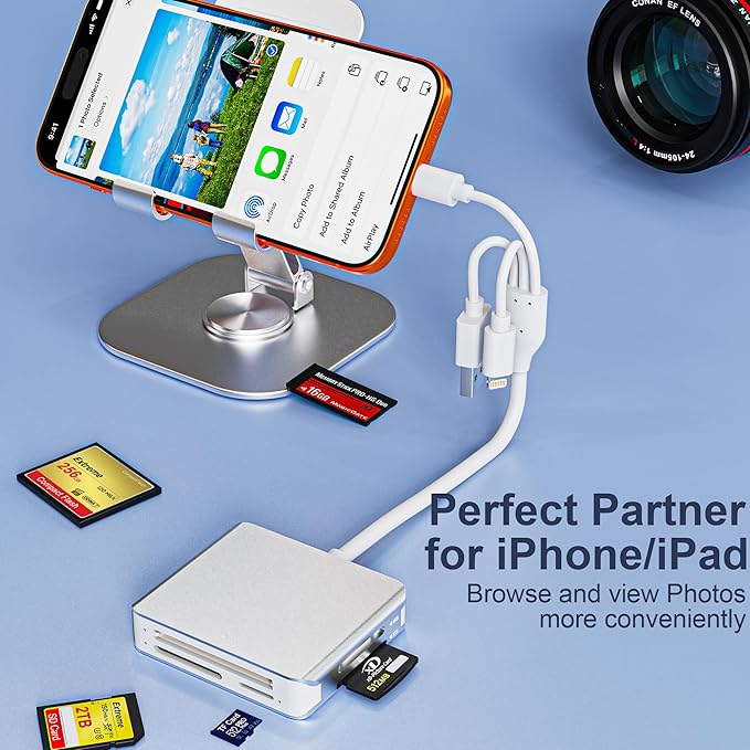5-in-1 Memory Stick Pro Duo Adapter, USB C SD Card Reader for iPhone with Lightning/USB-C/USB 3.0 Connectors, Compatible with SD/Micro SD/MS/CF/XD Cards, Memory Stick Pro Duo Reader for Android/PC/Mac