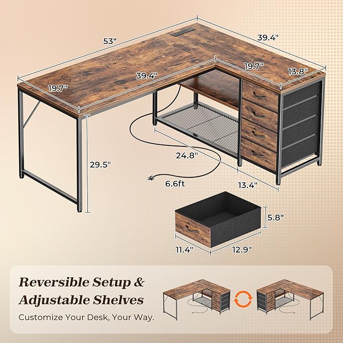 PRAISUN 53" L Shaped Desk with Power Outlets and USB-C Port, Reversible Computer Corner Office Desk with 4 Fabric Drawers and 2 Height-Adjustable Shelves, Large for Gaming Writing Study, Rustic Brown