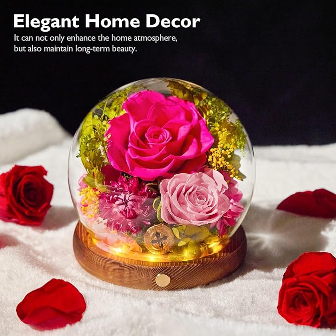 Forever Flowers for Delivery Prime, Preserved Rose in Glass Dome, Gifts for Women Birthday, Long-Lasting Flowers for Mom Wife Grandma Valentine's Day Mother's Day Christmas Anniversary, Hot Pink