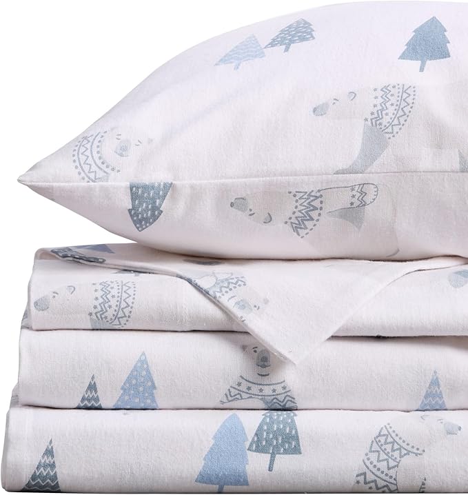 Market & Place 100% Turkish Cotton Flannel Sheet Set | 4 Piece Deep Pocket Novelty Cozy Winter Bed Sheets | Double Brushed for Extra Softness & Comfort | Alpine Collection (Queen, Polar Bears)