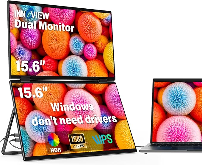InnoView 15.6" FHD Dual Portable Monitor | All-in-One Foldable & Stackable Design | 315° Screen Adjustment & 180° Stand | USB-C/HDMI Travel Monitor for Laptop, Mac, Windows