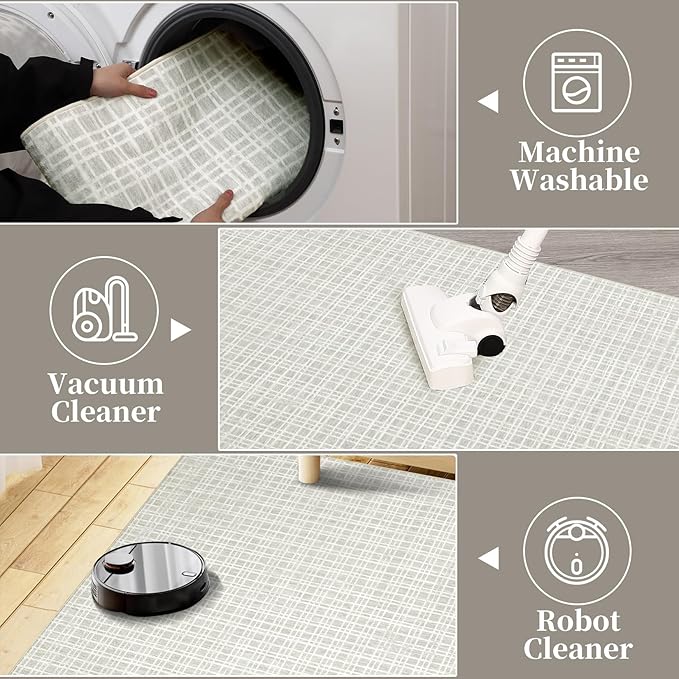 Washable Area Rug 6x9 Rug for Living Room Modern Large Area Rug for Bedroom Aesthetic Plaid Rug Non Slip Floor Cover Soft Low Pile Stain Resistant Carpet for Classroom Nursery 6'x9' Light Grey