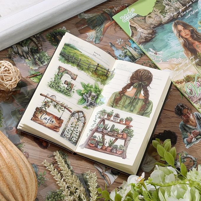 Auguro PET 20 Sheets 180 Pre-Cut Spring Journal Sticker Book for Scrapbooking People Landscape Stickers Transparent Sticker for journaling
