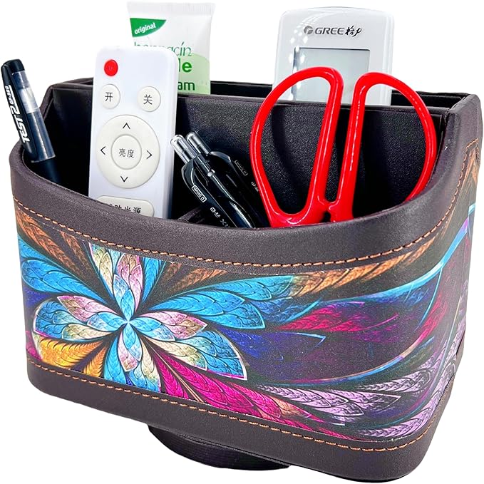 Arniche PU Leather Remote Control Holder,360 Degree Spinning Desk TV Remote Caddy,Desk Organizers and Accessories,for Controller,Media,Mail,Calculator,Mobile Phone,Pen Storage Holder(Pansy)