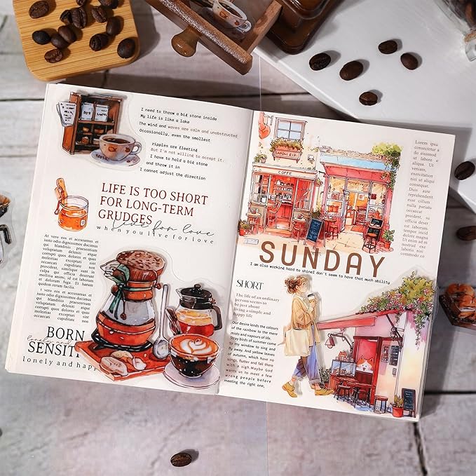 AuriicLeaf Coffee Memories PET Stickers, 120 PCS Vintage Cafe Scene Stickers for Scrapbook, Journals, Planners and DIY Craft Decoration
