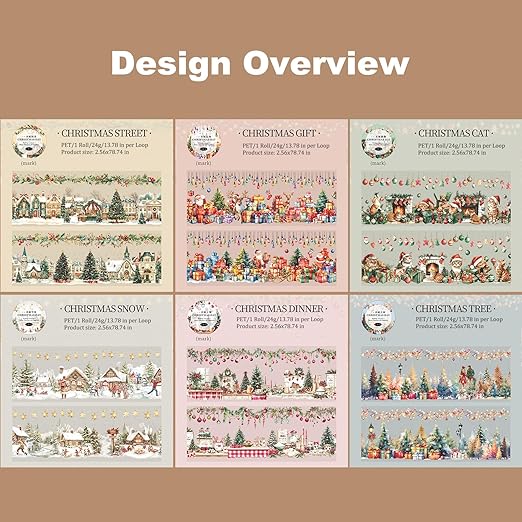 AuriicLeaf Christmas PET Tape Set - Seamless Loop Design with Snowy Villages, Festive Cats and Holiday Scenes, Includes Decorative Clip, Self-Adhesive Rolls for Scrapbook, Journal and DIY Decor