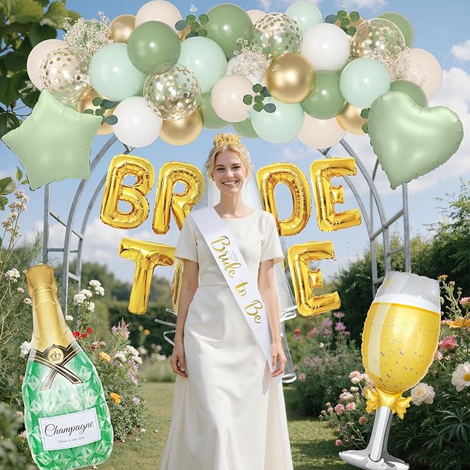 Ouddy Life Sage Green Bachelorette Party Decorations, Bride to Be Bridal Shower Decoration with Crown Champagnes Wineglass Heart Foil Balloons, Veil Sash, Fringe Curtains Engagement Wedding Supply
