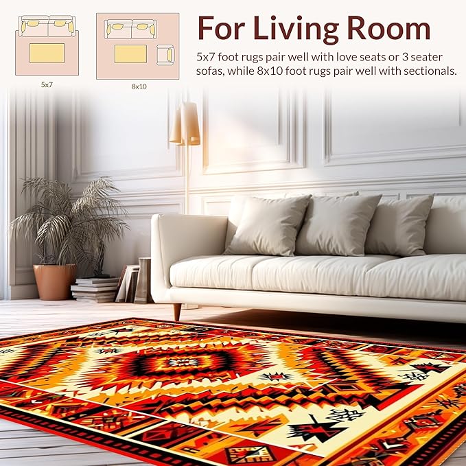Flatwoven High Traffic Area Rug 5x7, Vintage Aztec Adventure Rug, Non Slip, Stain Resistant, Washable Area Rugs for Living Room, Bedroom (Red, 5x7)