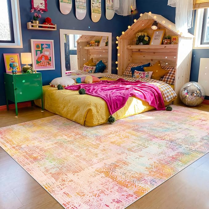 Kokia Abstract Area Rugs Washable Indoor 6x9 Rug Boho Distressed Retro Low Pile Non-Slip Non-Shedding Pink Orange Carpet Bedroom Living Room Dining Room, Oslo Sunrise