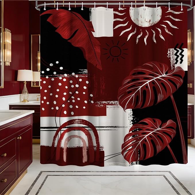 Black and Red Mid Century Modern Shower Curtain Bohemian Abstract Burgundy Shower Curtains for Bathroom Decor Sets, Waterproof Cloth Fabric with Hooks, 60x72 Inch
