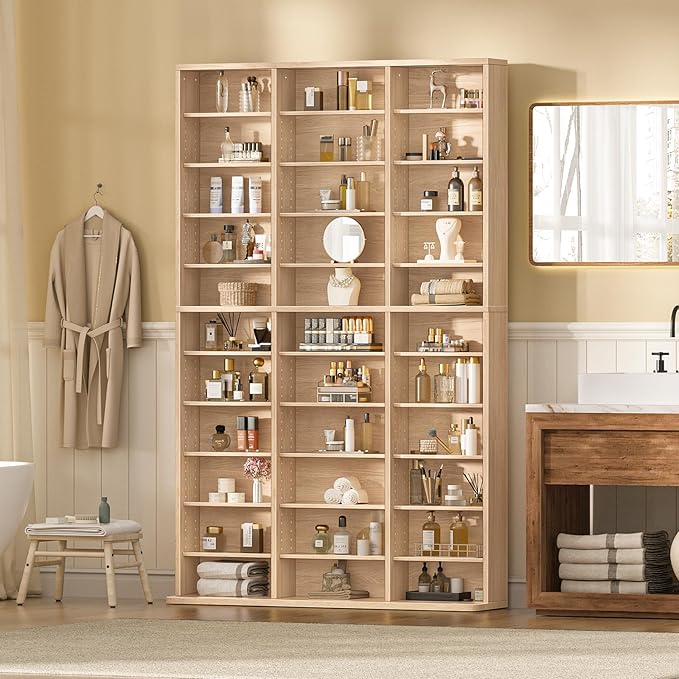 LELELINKY 11 Tier Tall Display Cabinet, Natural Media Storage Cabinet with Adjustable Shelves, Free Standing DVD Organizer Shelf, Multimedia Storage Manga Bookshelf for Living Room & Home Office.