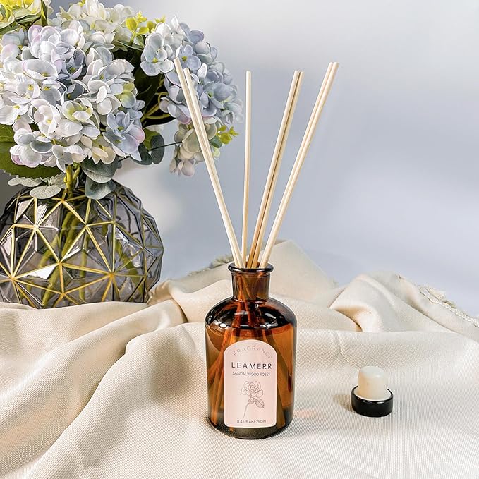 LEAMERR Premium Reed Diffuser Set - 8.8 oz (250 ml) Bedroom Bathroom Living Room Home Fragrance Products Sandalwood Roses Scent 1 Pack