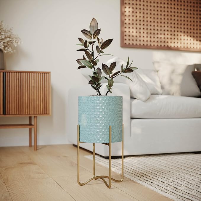 EverNest Mid-Century Modern Rhys Honeycomb Embossed Planter Pot With Ambrose Stand, Metal Indoor Plant Pots, Blue Green Bohemian Style (Set Of 3)
