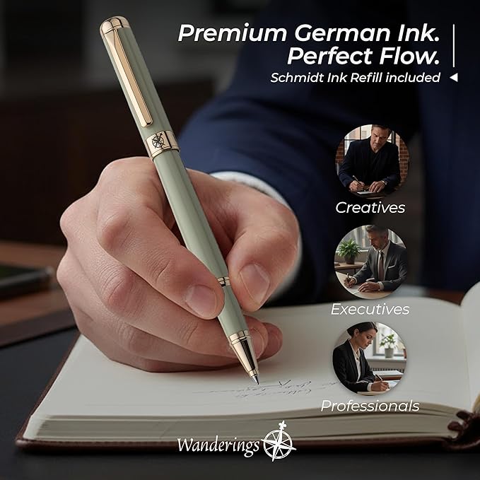Premium Ballpoint Pen with German Ink – Perfectly Balanced for a Superb Writing Experience, 24K Gold Plated Green – Soft Sage Green- Includes a Schmidt Refill in a Giftable Presentation Case