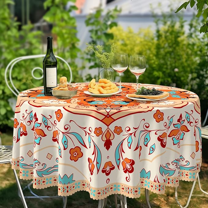 Eikione Bohemia Round Tablecloth 70inch,Table Cloth Waterproof and Wrinkle-Free, Boho Table Covers, Summer Decorations for Home