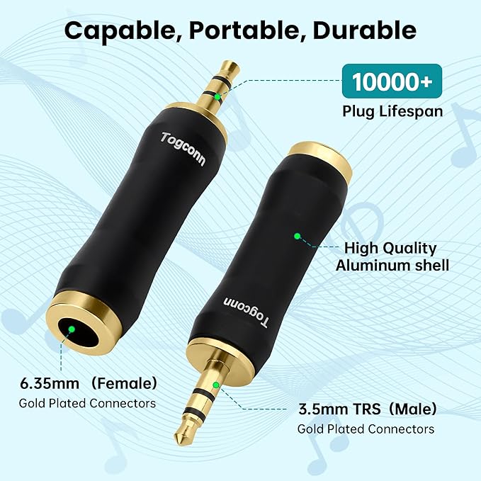 Togconn 1/8 Inch to 1/4 Inch Adapter 4 Pack, 3.5mm TRS Stereo Male to 6.35mm Quarter Inch Female Jack Plug Gold-Plated Pure Copper Audio Converter Connector Premium Quality Series